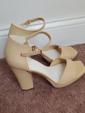 Franco Sarto Beige Ankle-Strap Block Heel Sandals